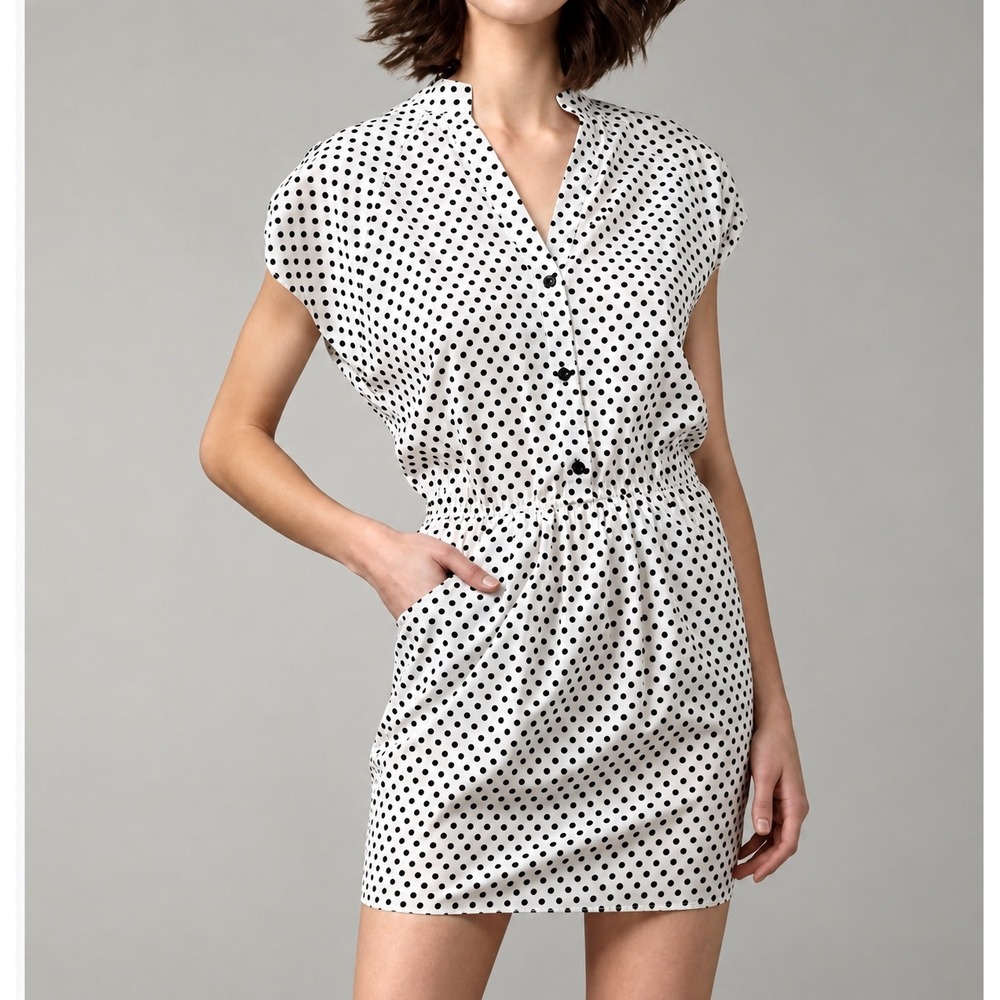 Alice + Olivia Mini Dress White Black Polka Dot Button Front Elastic Waist S
